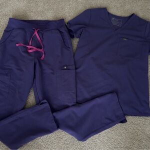 Figs Women's Deep Purple Scrub Set with Pink Accents